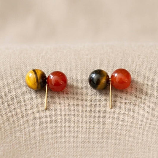 Handmade 8mm Red Agate Tiger Eye Sterling Silver Stud Earrings