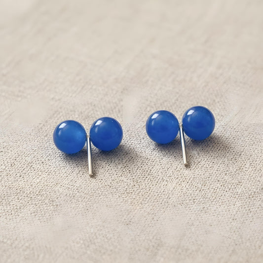 S925 Sterling Silver, Handmade 8mm Blue Agate Double Sphere Stud Earrings