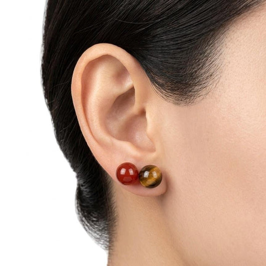 Handmade 8mm Red Agate Tiger Eye Sterling Silver Stud Earrings