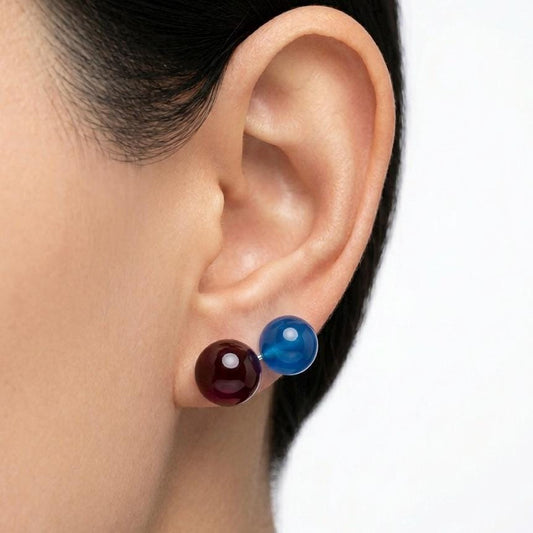 Handmade 8mm Red Blue Natural Agate Stud Earrings