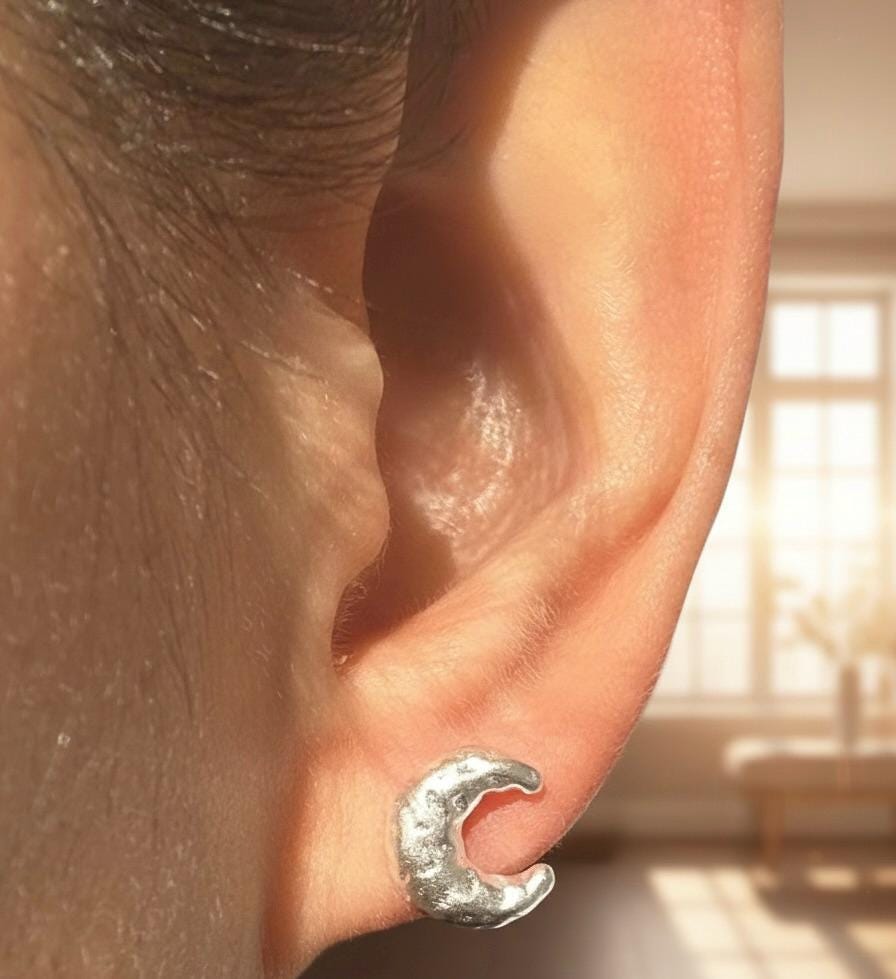S925 Sterling Silver, Moon Stud Earrings, Celestial Earrings– Hammered earrings
