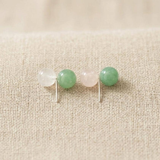 S925 Sterling Silver, Handmade 8mm Sterling Silver Rose Quartz Green Aventurine Drop Earrings