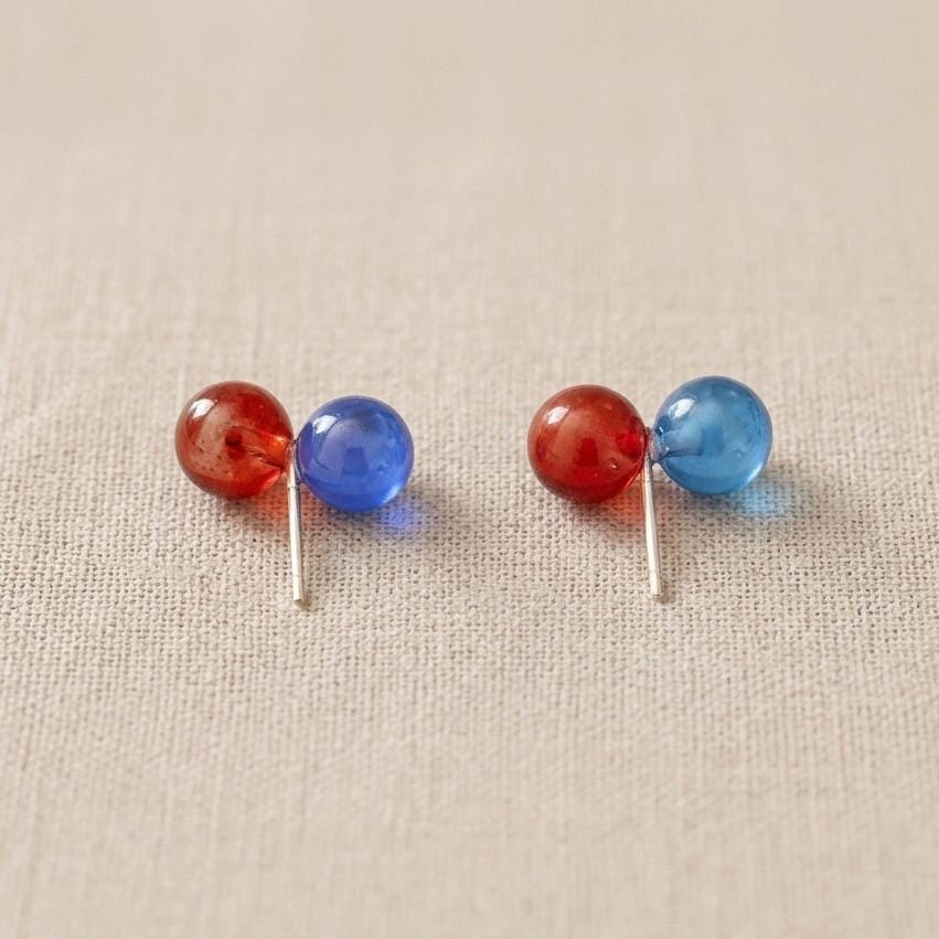 S925 Sterling Silver, Handmade 8mm Red Blue Natural Agate Stud Earrings