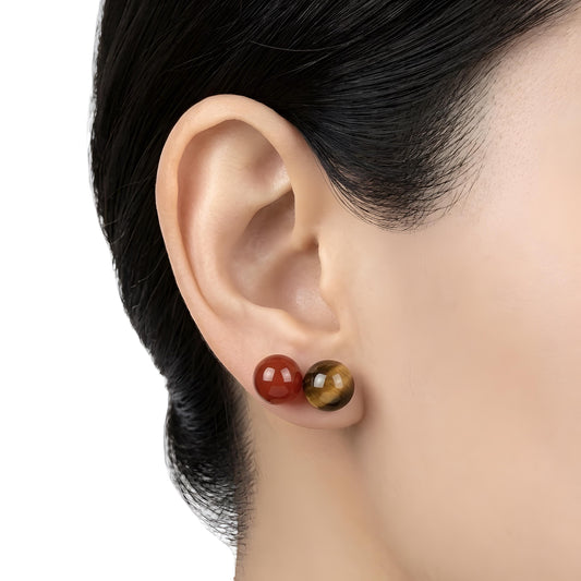 S925 Sterling Silver, Handmade 8mm Red Agate Tiger Eye Sterling Silver Stud Earrings