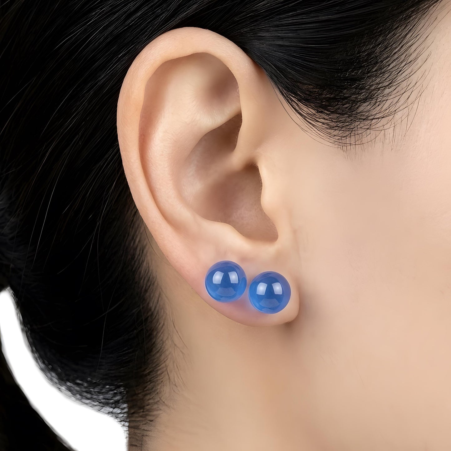 S925 Sterling Silver, Handmade 8mm Blue Agate Double Sphere Stud Earrings