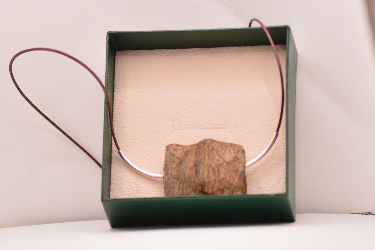 Handcrafted Vietnam Agarwood Oud Pendant Necklace, Sterling Silver, Genuine Leather Cord, Zen Wearable Art