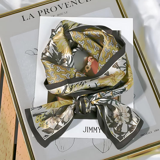 Blooming, green. Double side Mulberry Silk long Scarf