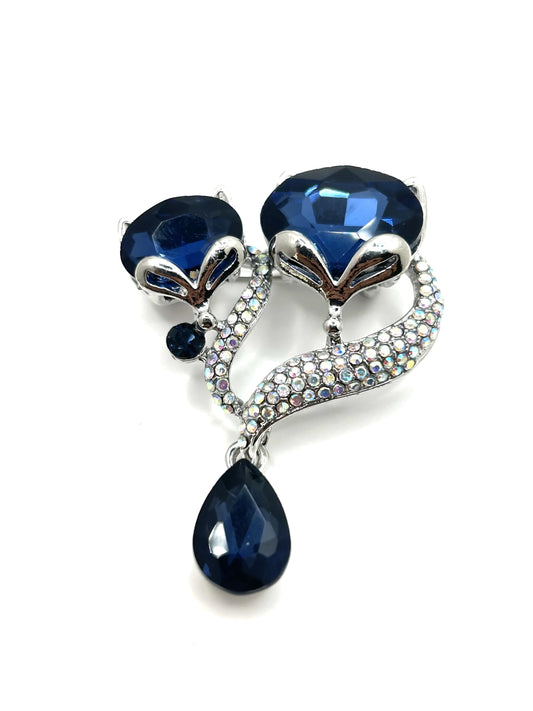 Blue Fox Brooch | Hand-Set Crystal Floral Brooch for Women | Vintage-Inspired Statement Jewelry Gift for Her