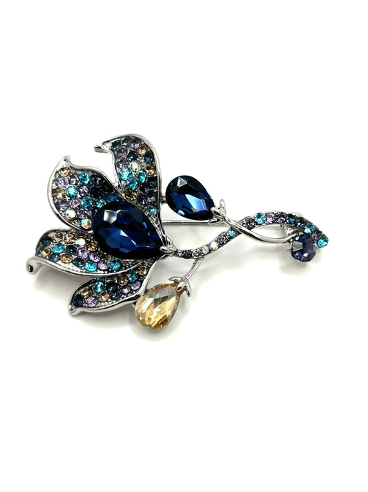 Navy Flower Brooch | Hand-Set Crystal Floral Brooch for Women | Vintage-Inspired Statement Jewelry Gift for Her