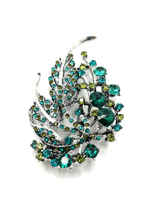 Green Feather Brooch| Hand-Set Crystal Floral Brooch for Women | Vintage-Inspired Statement Jewelry Gift for Her