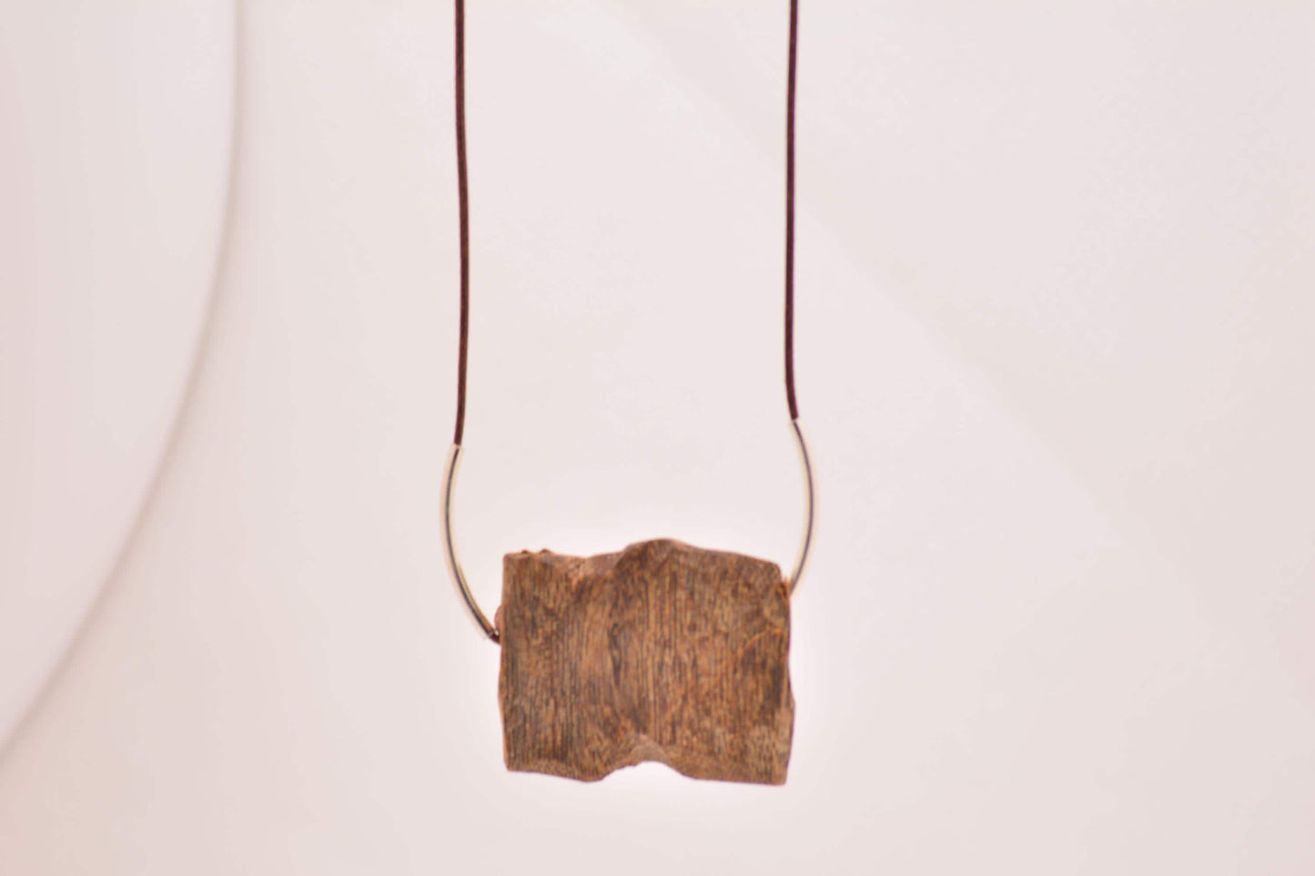 Handcrafted Vietnam Agarwood Oud Pendant Necklace, Sterling Silver, Genuine Leather Cord, Zen Wearable Art