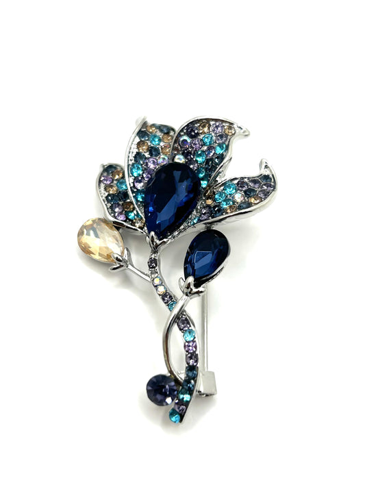 Navy Flower Brooch | Hand-Set Crystal Floral Brooch for Women | Vintage-Inspired Statement Jewelry Gift for Her