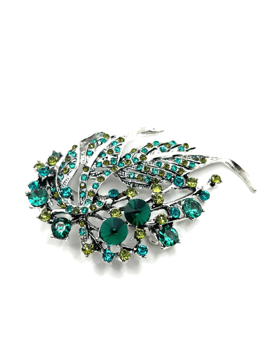 Green Feather Brooch| Hand-Set Crystal Floral Brooch for Women | Vintage-Inspired Statement Jewelry Gift for Her