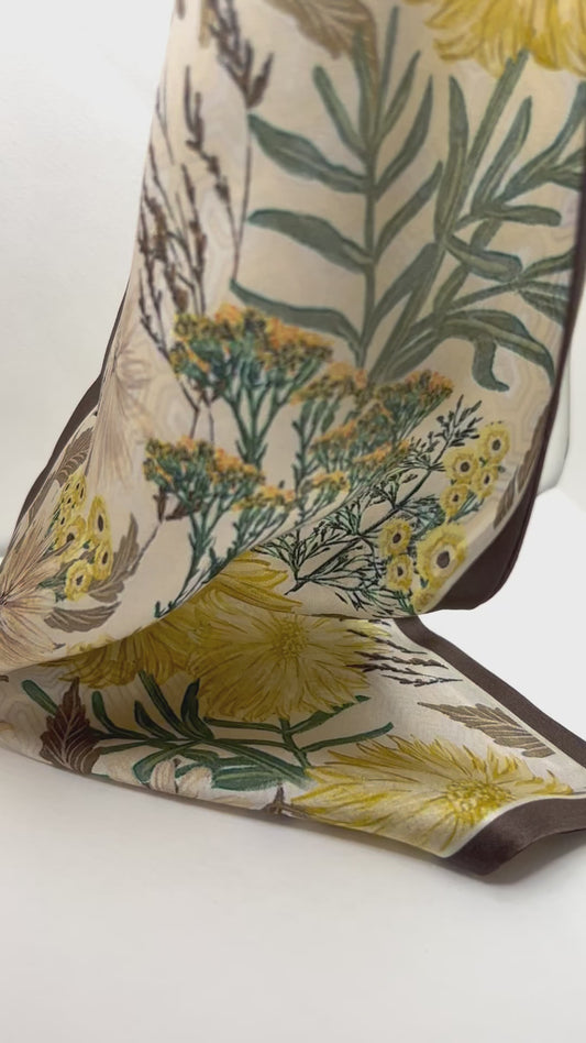 Blooming, green. Double side Mulberry Silk long Scarf